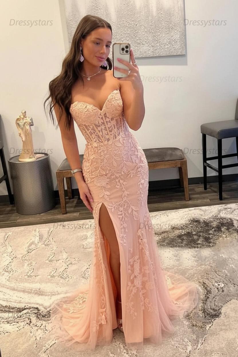 Black Prom Dress Corset Sweetheart Long Lace Mermaid Evening Dress with Slit