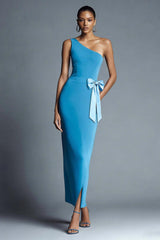 Dressystars Peacock Blue Bodycon One Shoulder Long Prom Dress With Bow