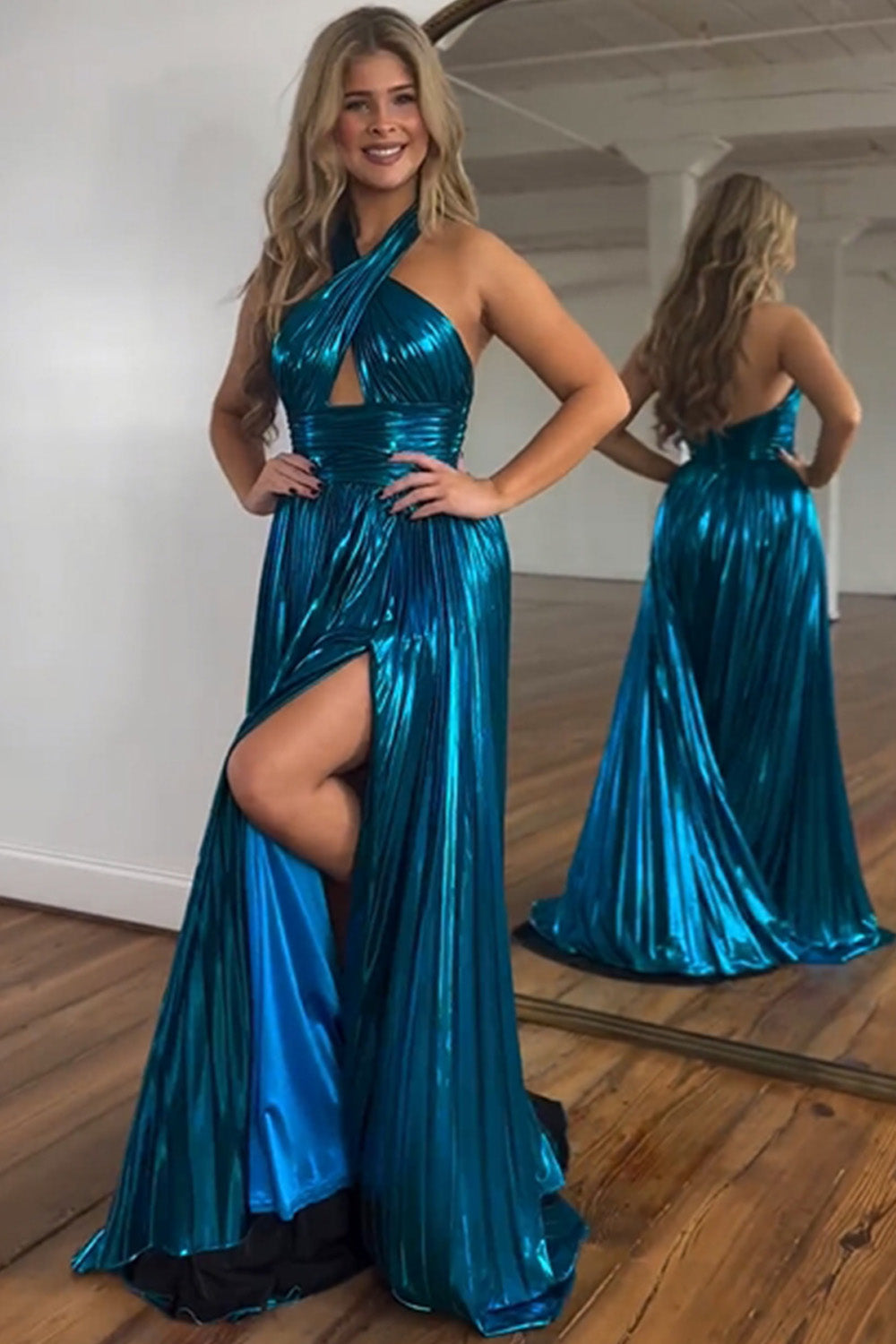 Peacock Blue Prom Dress Halter Neck A Line Long Elegant Evening Dress with Split