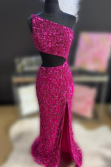 Peacock Blue Prom Dress Sequined Mermaid One Shoulder Long Evening Dress with Slit