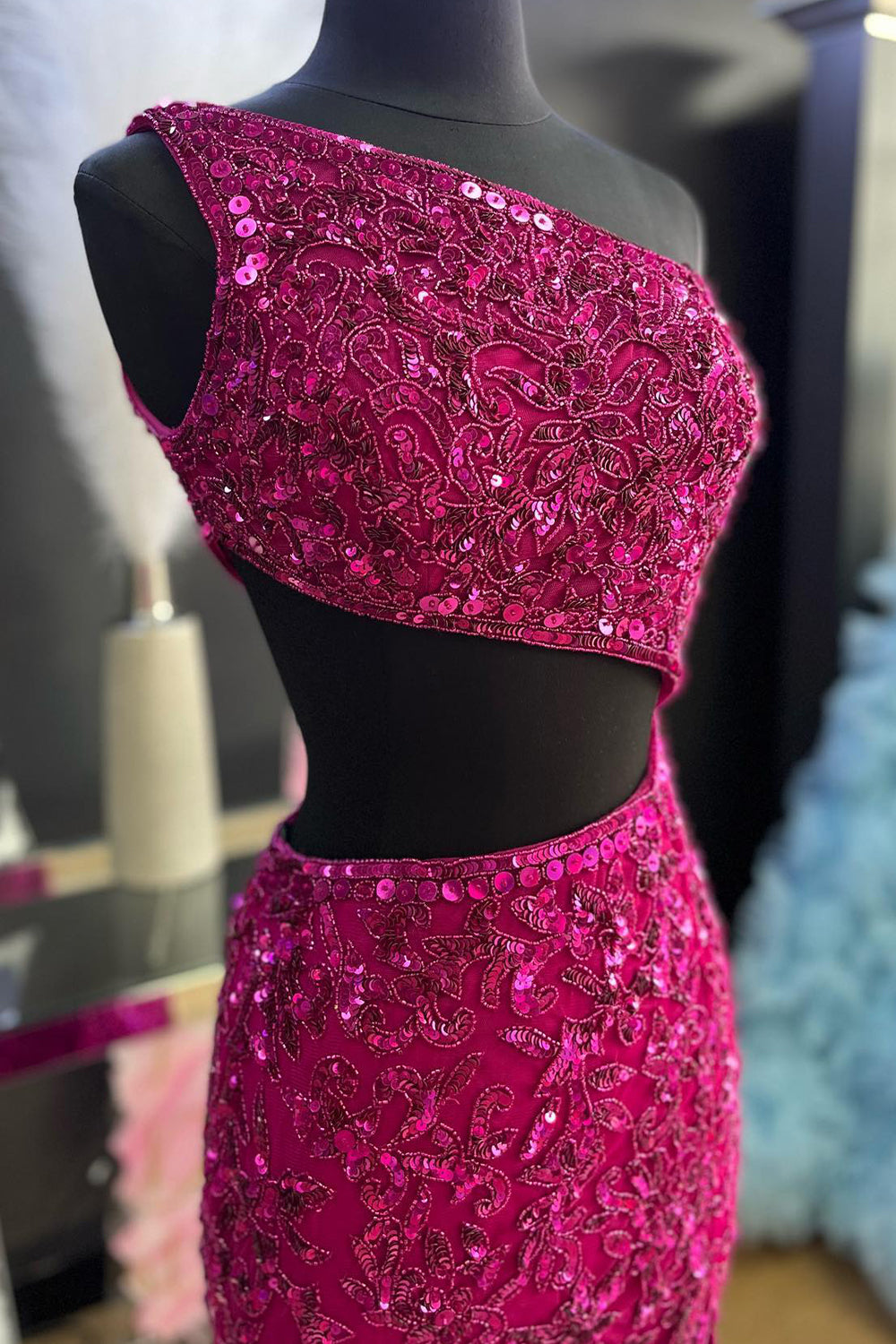 Peacock Blue Prom Dress Sequined Mermaid One Shoulder Long Evening Dress with Slit