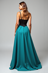 Peacock Blue Wedding Guest Dress A Line Black Wedding Guest Dress Satin Long Formal Dress