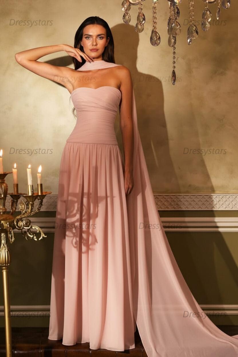 Orange A Line Prom Dress Sleeveless Strapless Formal Dress