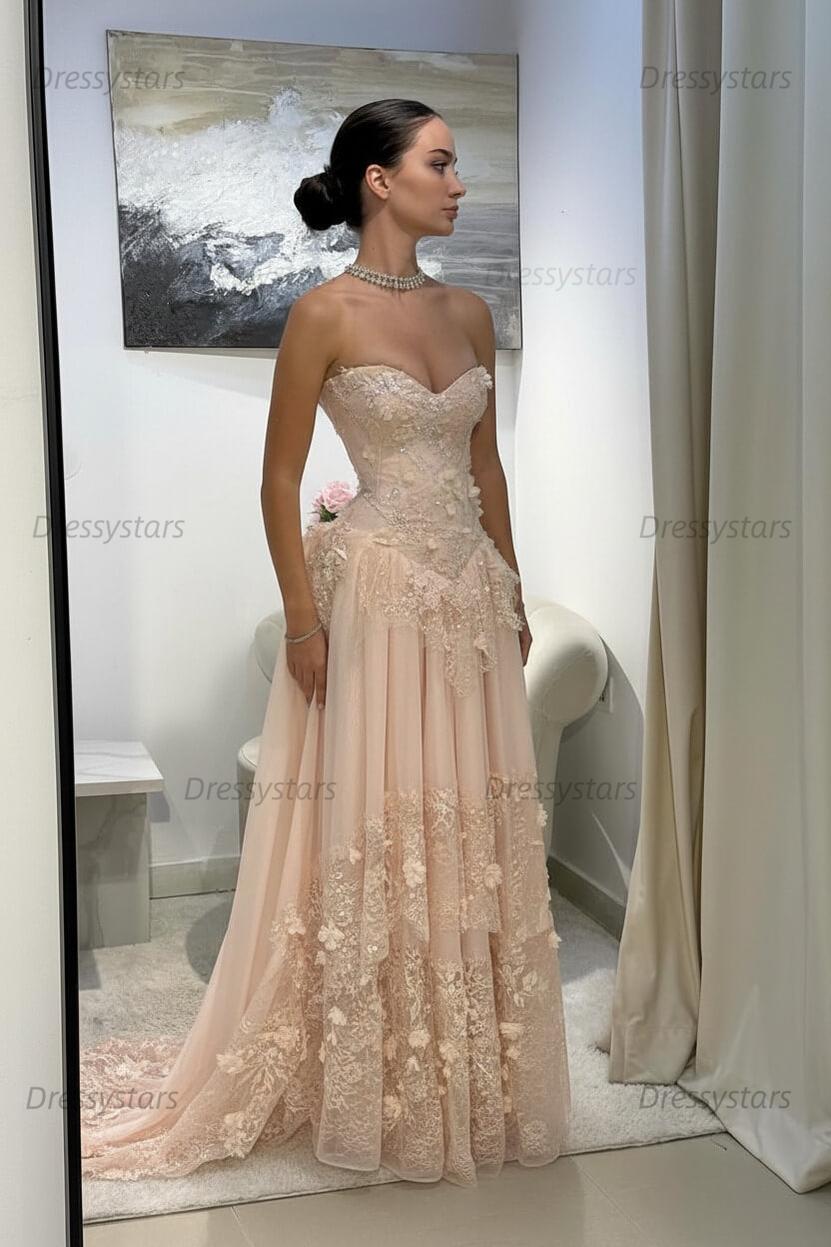 Yellow Lace A Line Prom Dress Sweetheart Lace Appliqued Formal Dress with 3D Flowers