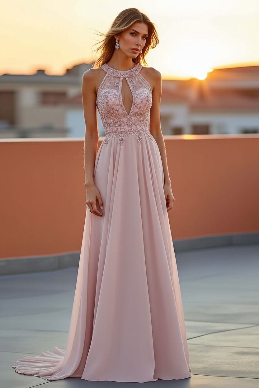 Dressystars Beaded Navy Wedding Guest Dress Halter Long Formal Dress With Embroideries