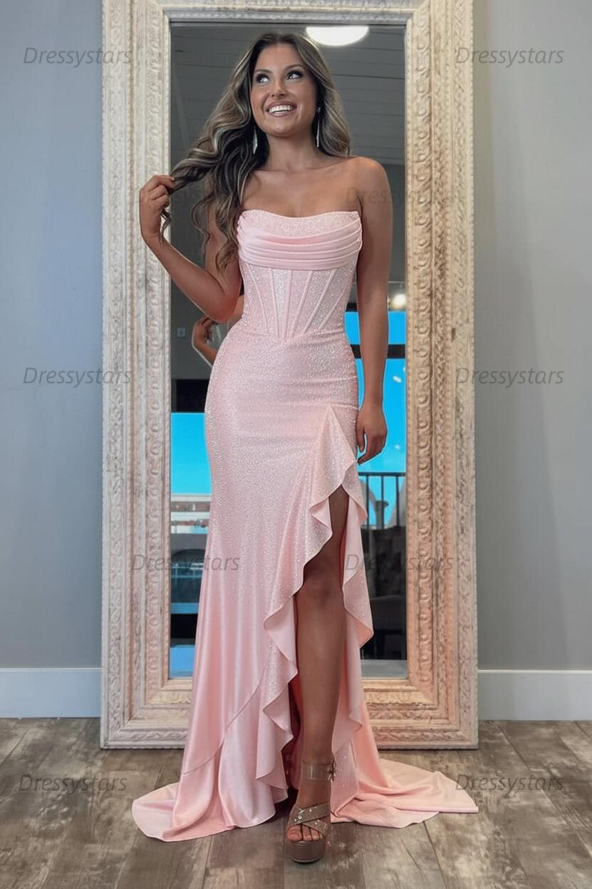 Orange Prom Dress Strapless Corset Long Evening Dress with Slit