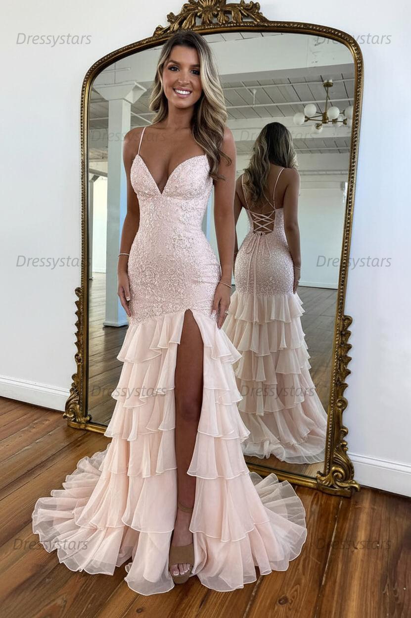 Dressystars Yellow Mermaid Spaghetti Straps Lace Up Long Prom Dress With Ruffle Skirt Formal Evening Gown