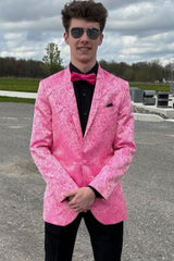 Pink 2-Piece Shawl Lapel Jacquard Men's Prom Suit Blazer Pants