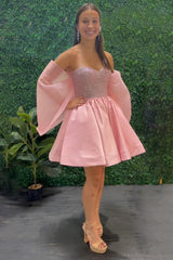 Pink A Line Homecoming Dresses Short Cocktail Dresses With Sequins