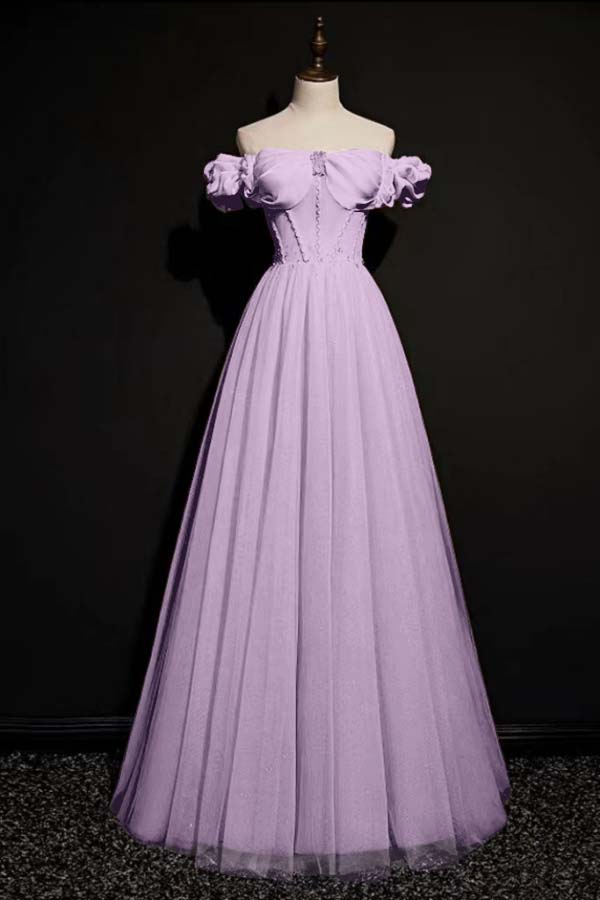 Pink A Line Off the Shoulder Prom Dress Cap Sleeve Formal Dress With Beadings