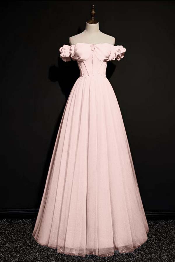 Pink A Line Off the Shoulder Prom Dress Cap Sleeve Formal Dress With Beadings