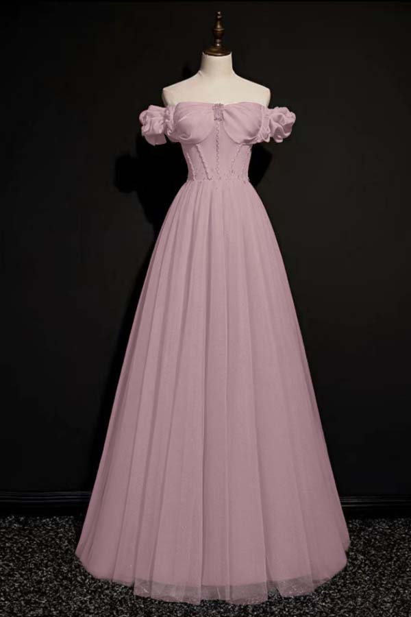 Pink A Line Off the Shoulder Prom Dress Cap Sleeve Formal Dress With Beadings