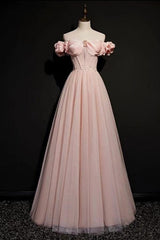 Pink A Line Off the Shoulder Prom Dress Cap Sleeve Formal Dress With Beadings