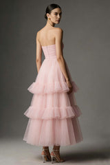 Dressystars Pink A Line Organza Strapless Ruffled Long Prom Dress