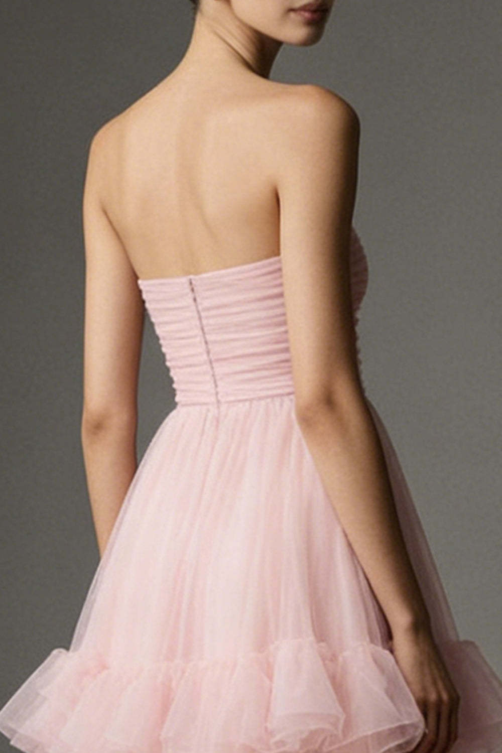 Dressystars Pink A Line Organza Strapless Ruffled Long Prom Dress