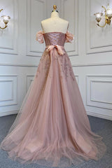 Pink A Line Prom Dress Cap Sleeve Off the Shoulder Formal Dress With Beadings