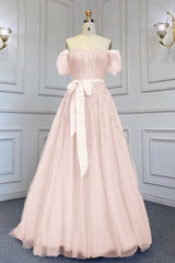 Pink A Line Prom Dress Cap Sleeve Off the Shoulder Formal Dress With Beadings