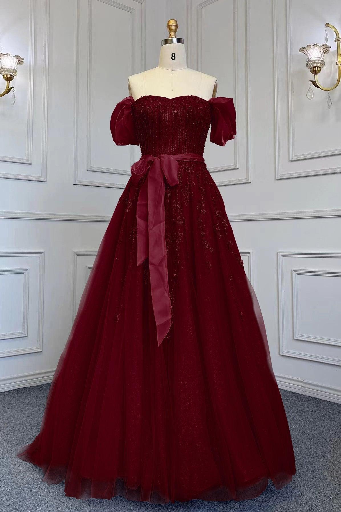 Pink A Line Prom Dress Cap Sleeve Off the Shoulder Formal Dress With Beadings