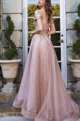 Pink A Line Prom Dress Cap Sleeve Off the Shoulder Formal Dress With Beadings and Rhinestones