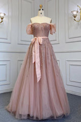 Pink A Line Prom Dress Cap Sleeve Off the Shoulder Formal Dress With Beadings