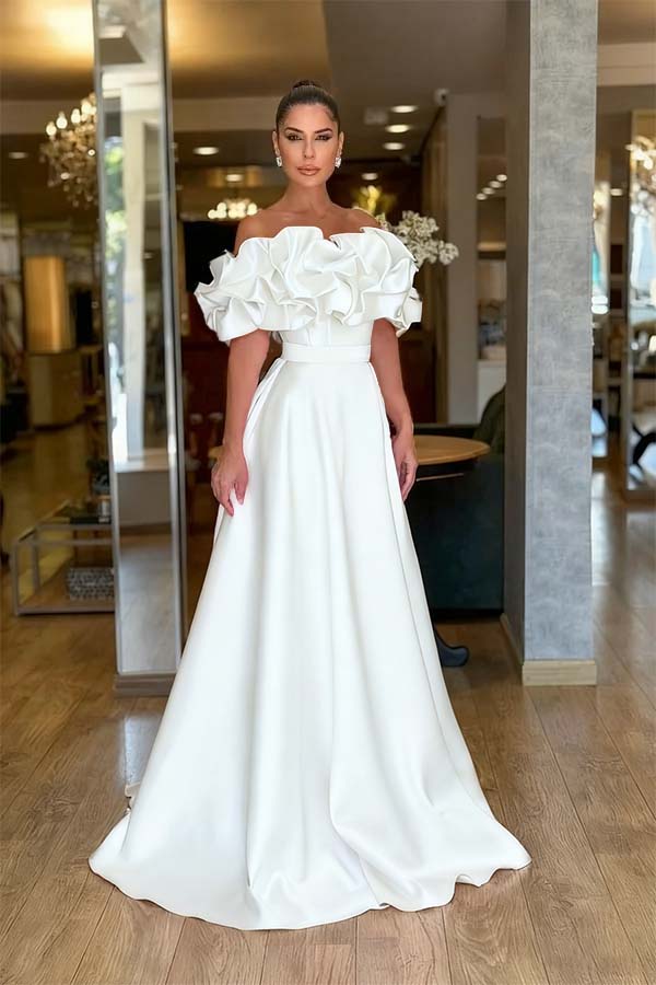 Pink A Line Prom Dress Cap Sleeve Off the Shoulder Ruffled Satin Formal Dress