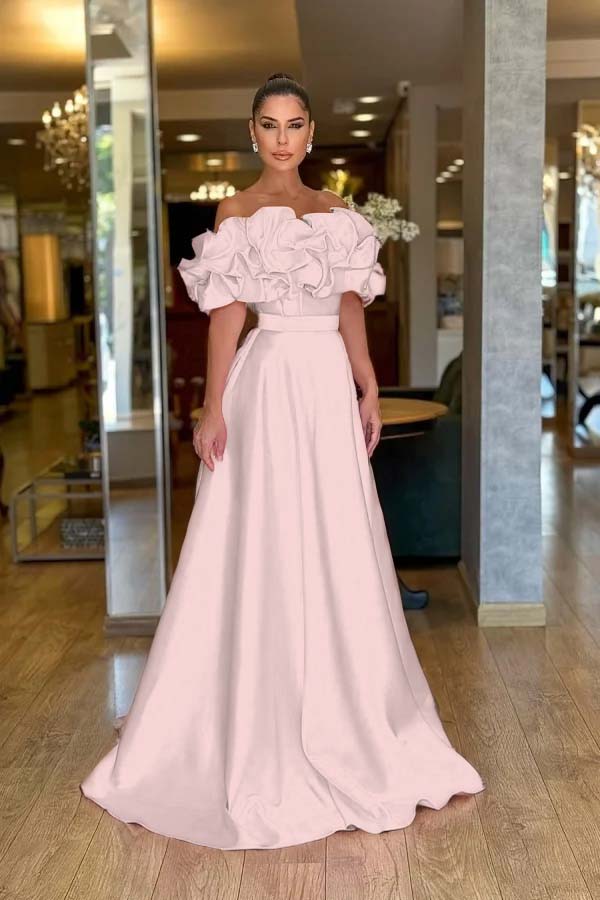 Pink A Line Prom Dress Cap Sleeve Off the Shoulder Ruffled Satin Formal Dress