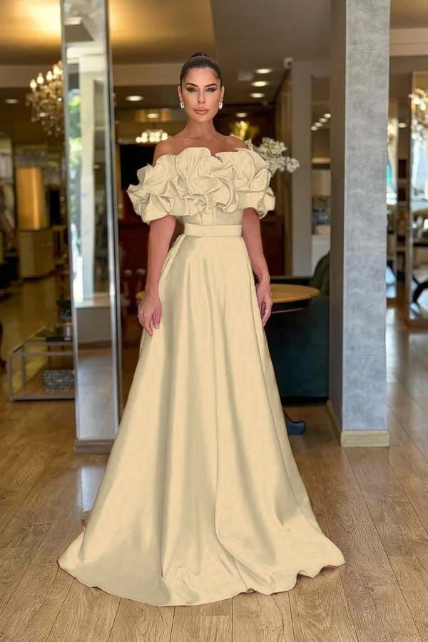 Pink A Line Prom Dress Cap Sleeve Off the Shoulder Ruffled Satin Formal Dress