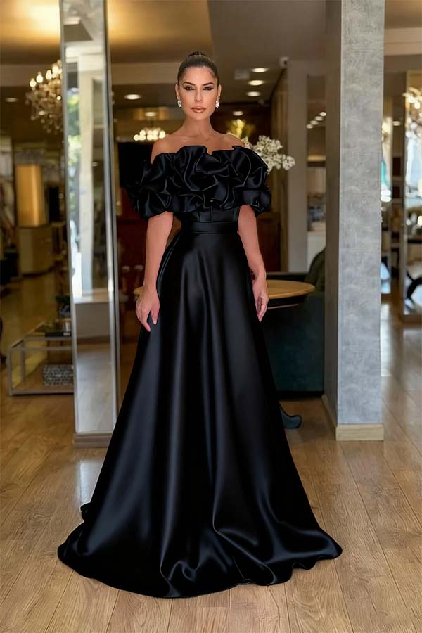 Pink A Line Prom Dress Cap Sleeve Off the Shoulder Ruffled Satin Formal Dress