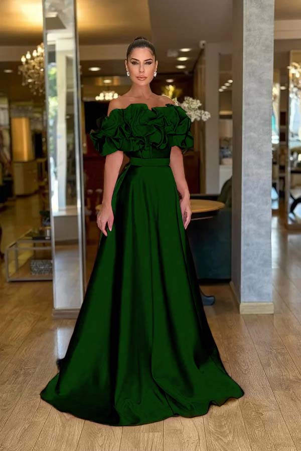 Pink A Line Prom Dress Cap Sleeve Off the Shoulder Ruffled Satin Formal Dress