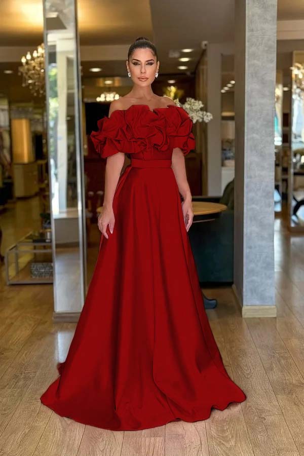 Pink A Line Prom Dress Cap Sleeve Off the Shoulder Ruffled Satin Formal Dress