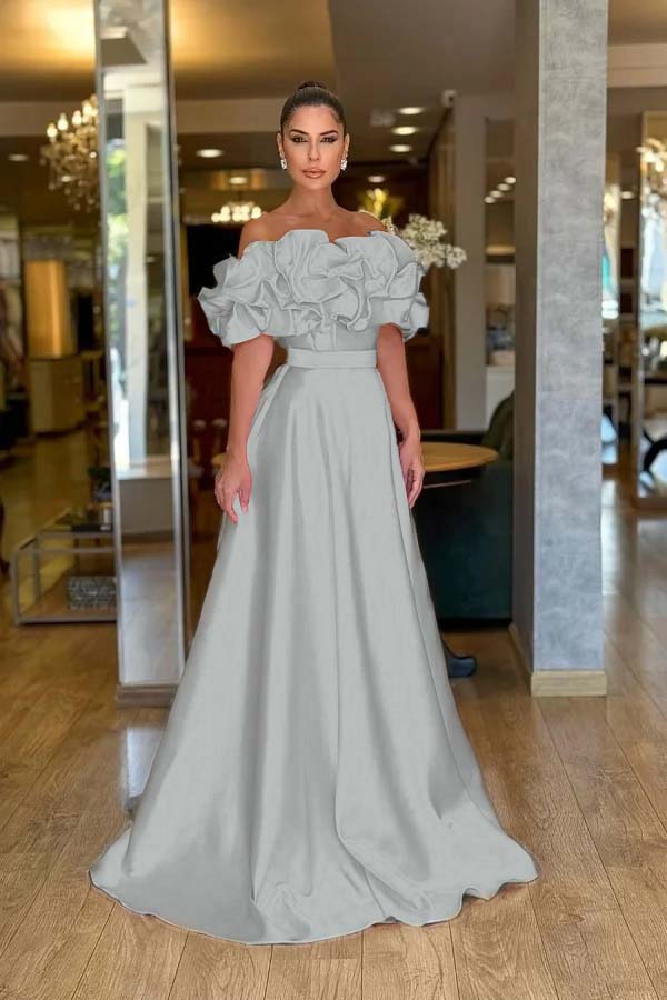 Pink A Line Prom Dress Cap Sleeve Off the Shoulder Ruffled Satin Formal Dress
