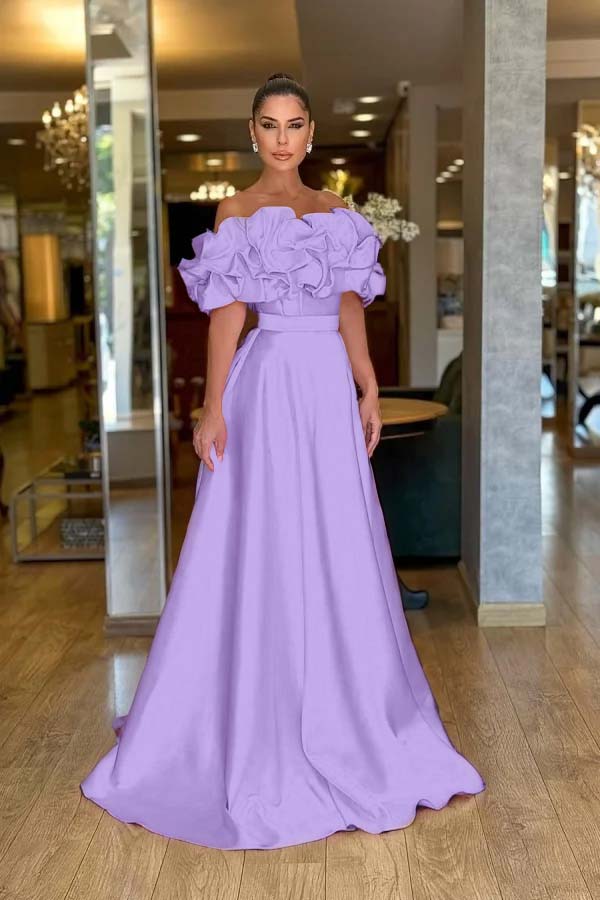 Pink A Line Prom Dress Cap Sleeve Off the Shoulder Ruffled Satin Formal Dress