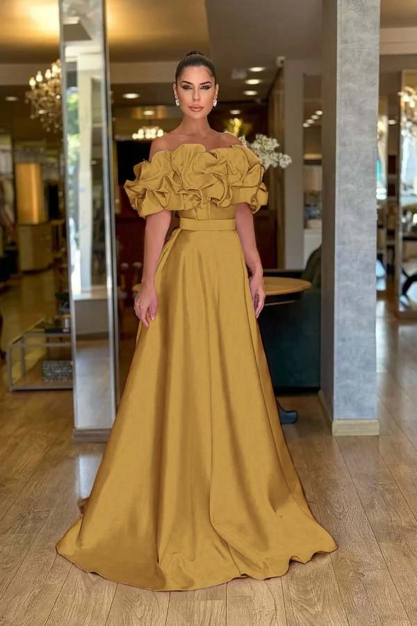 Pink A Line Prom Dress Cap Sleeve Off the Shoulder Ruffled Satin Formal Dress