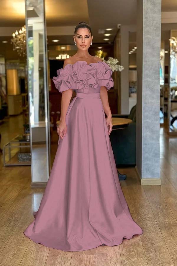 Pink A Line Prom Dress Cap Sleeve Off the Shoulder Ruffled Satin Formal Dress