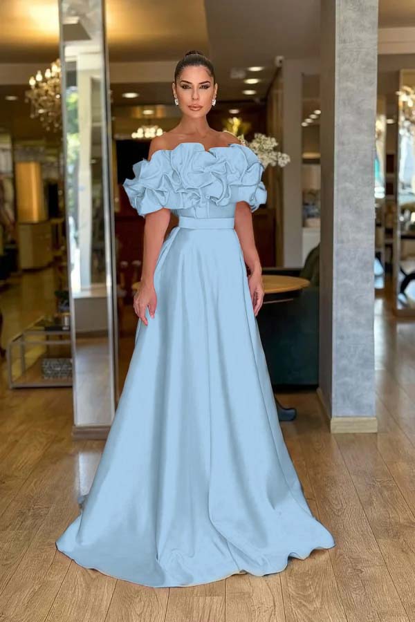 Pink A Line Prom Dress Cap Sleeve Off the Shoulder Ruffled Satin Formal Dress