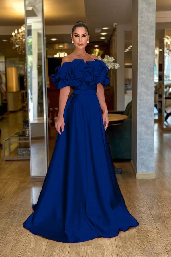 Pink A Line Prom Dress Cap Sleeve Off the Shoulder Ruffled Satin Formal Dress