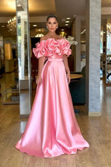 Pink A Line Prom Dress Cap Sleeve Off the Shoulder Ruffled Satin Formal Dress