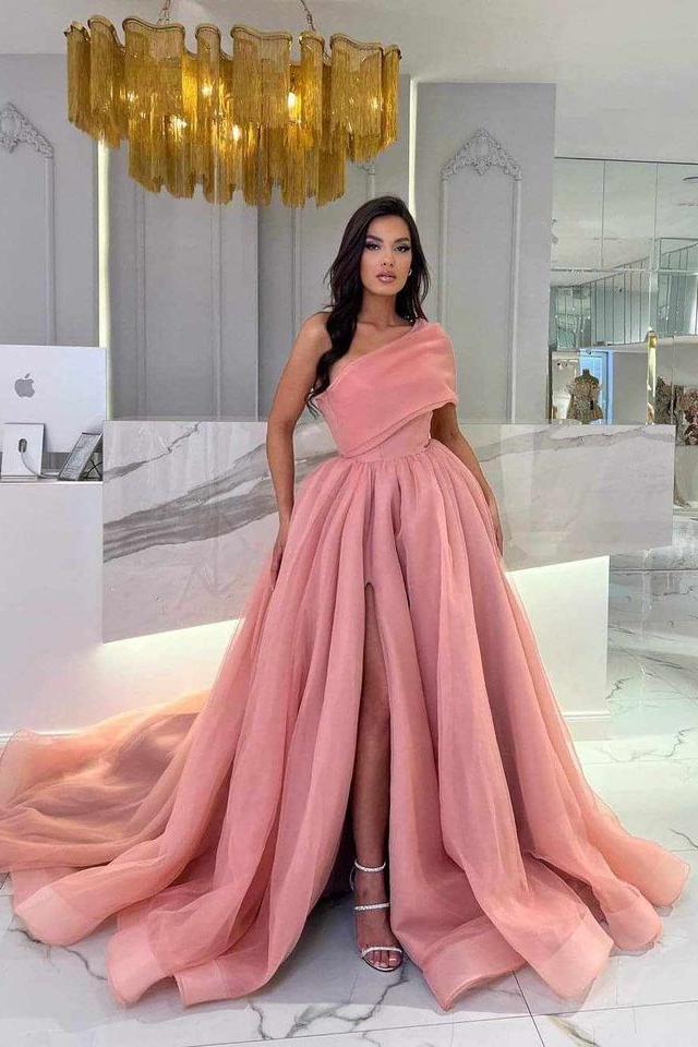 Pink A Line Prom Dress Cap Sleeve One Shoulder Formal Dress