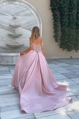 Pink A Line Prom Dress Off the Shoulder Cap Sleeve Formal Dress With Beadings