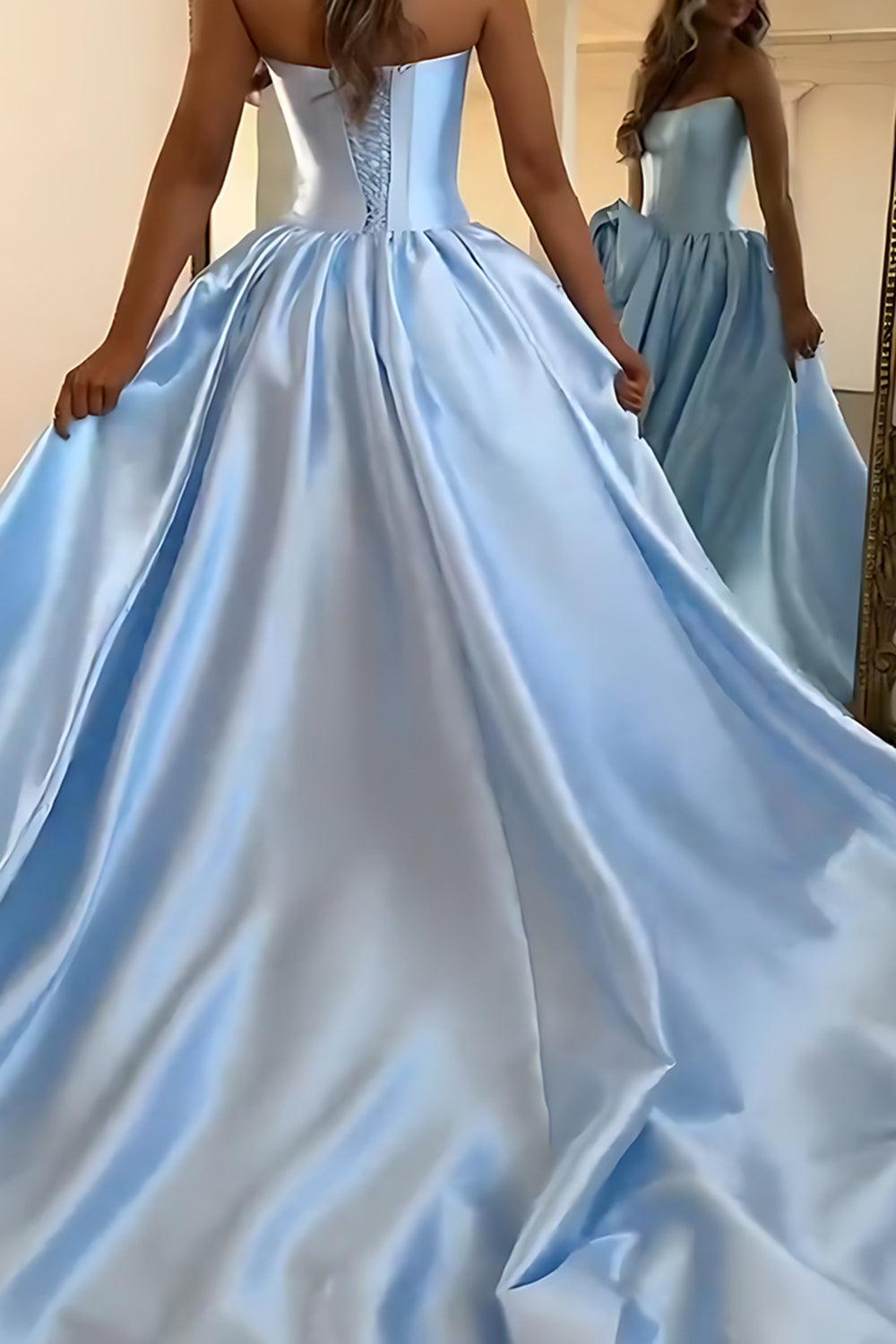 Pink A Line Prom Dress Satin Strapless Long Corset Formal Dress With 3D Flower
