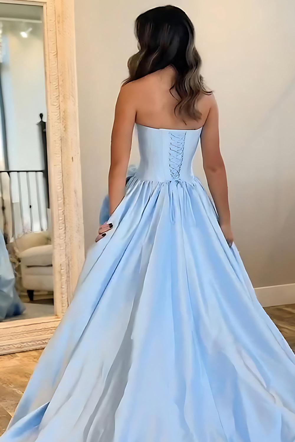 Pink A Line Prom Dress Satin Strapless Long Corset Formal Dress With 3D Flower