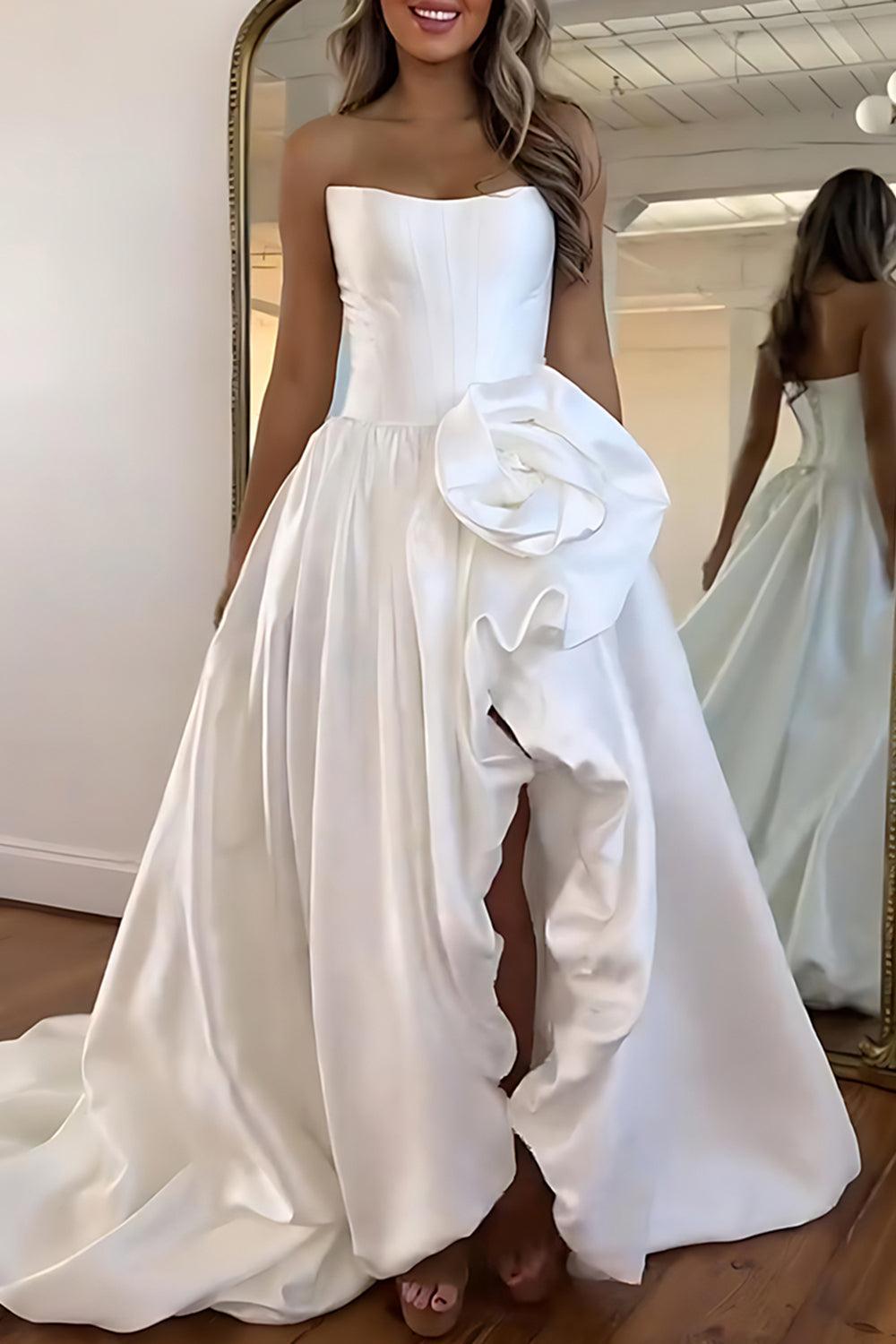 Pink A Line Prom Dress Satin Strapless Long Corset Formal Dress With 3D Flower