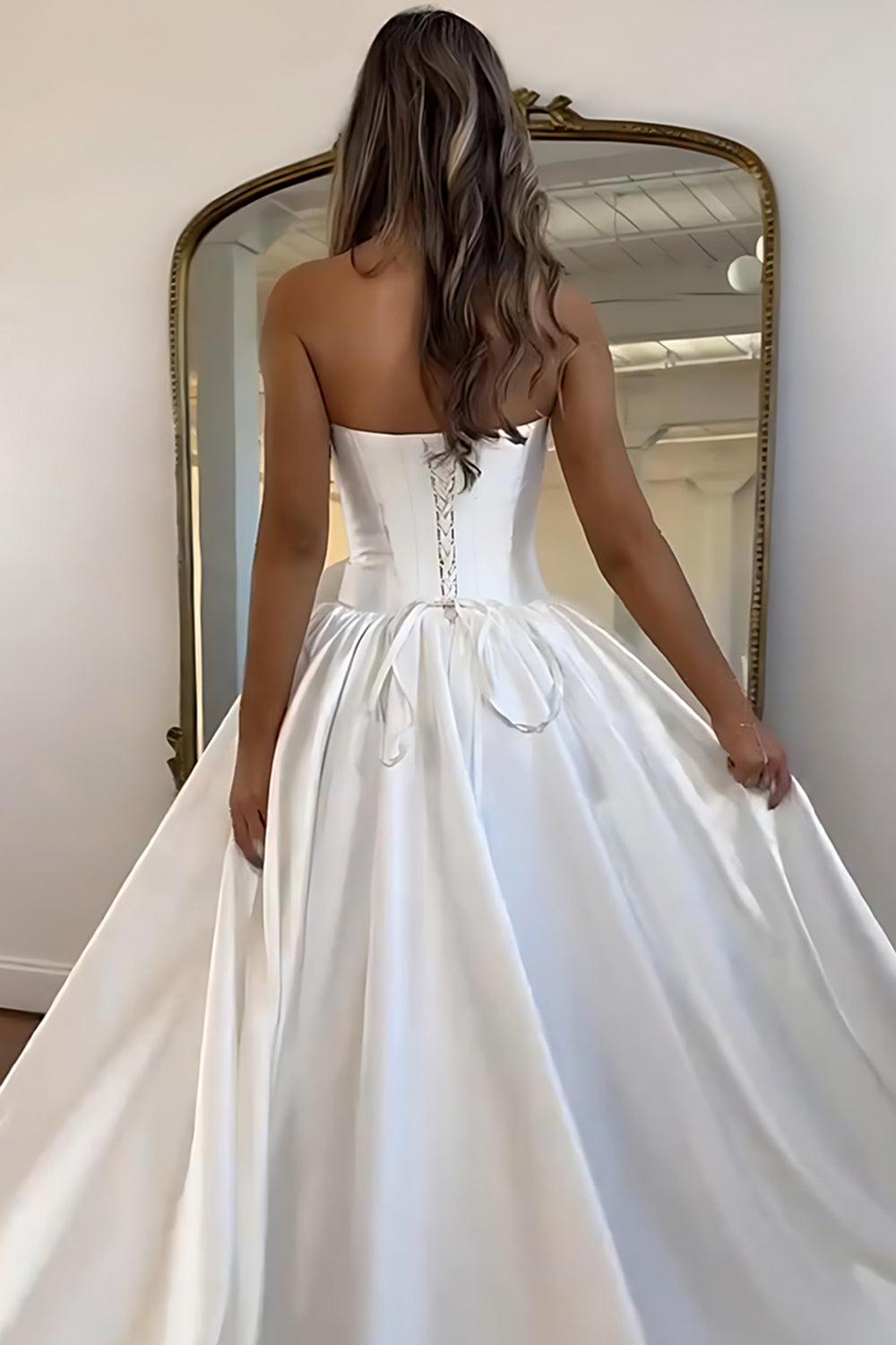 Pink A Line Prom Dress Satin Strapless Long Corset Formal Dress With 3D Flower