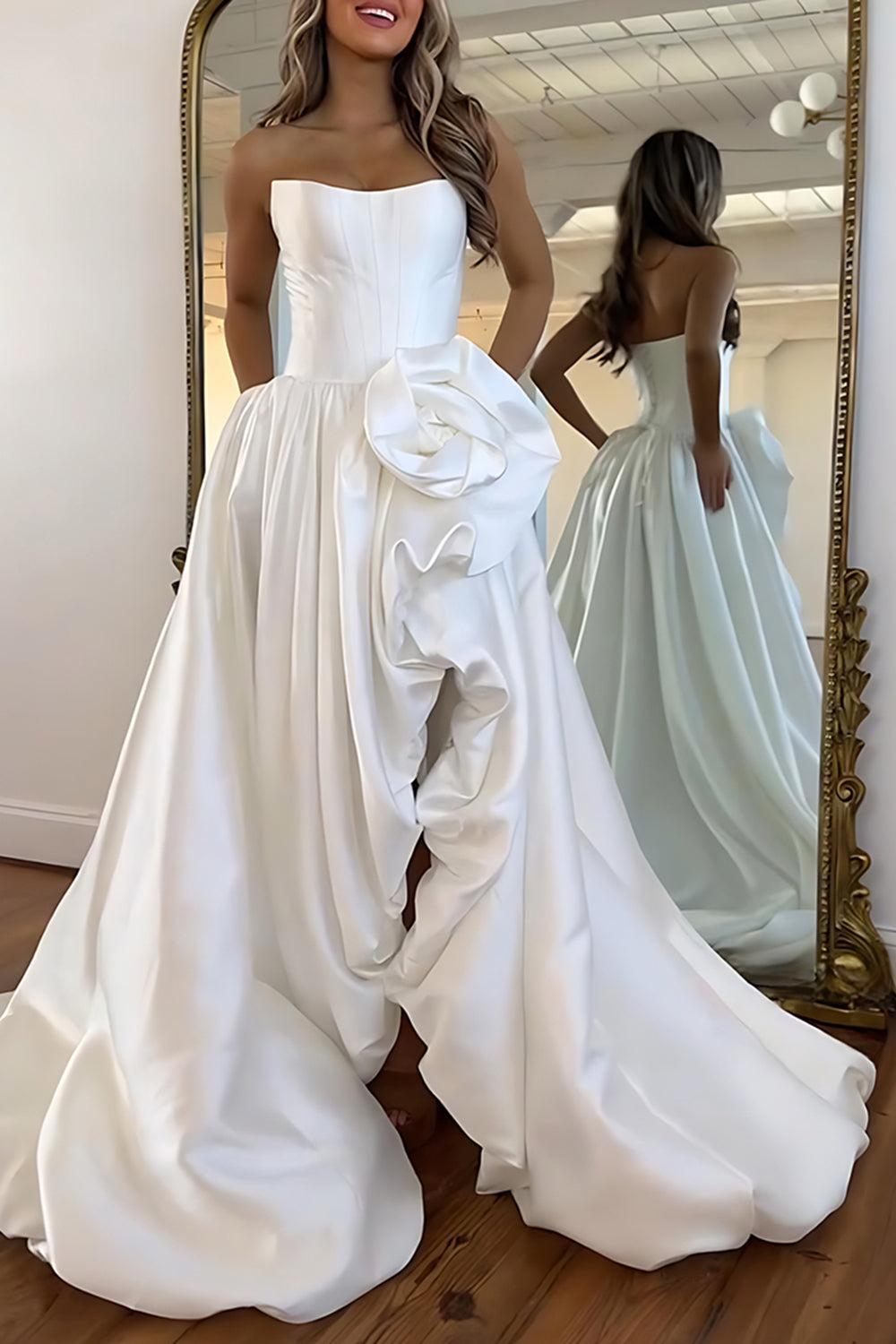 Pink A Line Prom Dress Satin Strapless Long Corset Formal Dress With 3D Flower