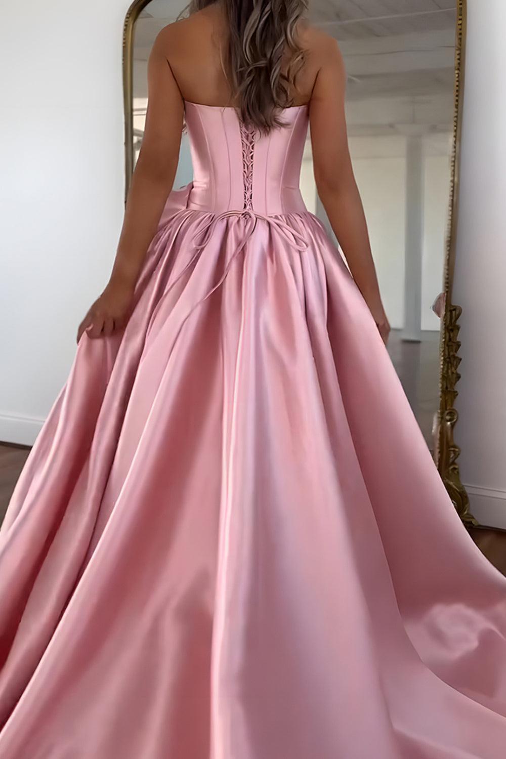 Pink A Line Prom Dress Satin Strapless Long Corset Formal Dress With 3D Flower