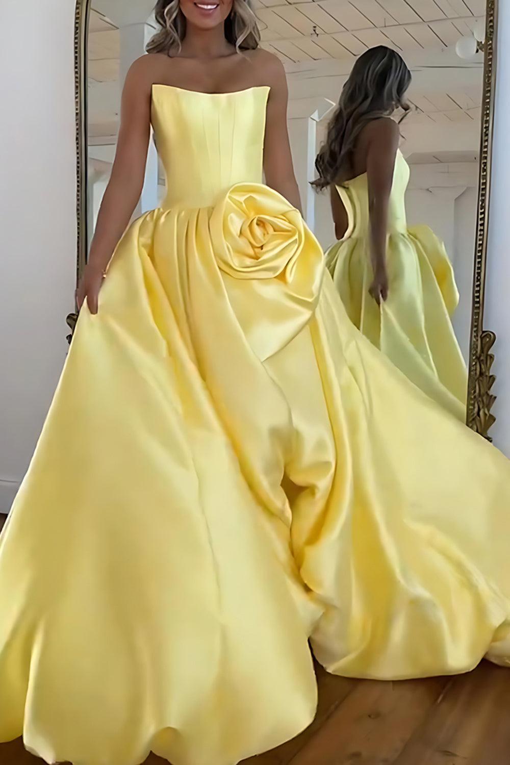 Pink A Line Prom Dress Satin Strapless Long Corset Formal Dress With 3D Flower