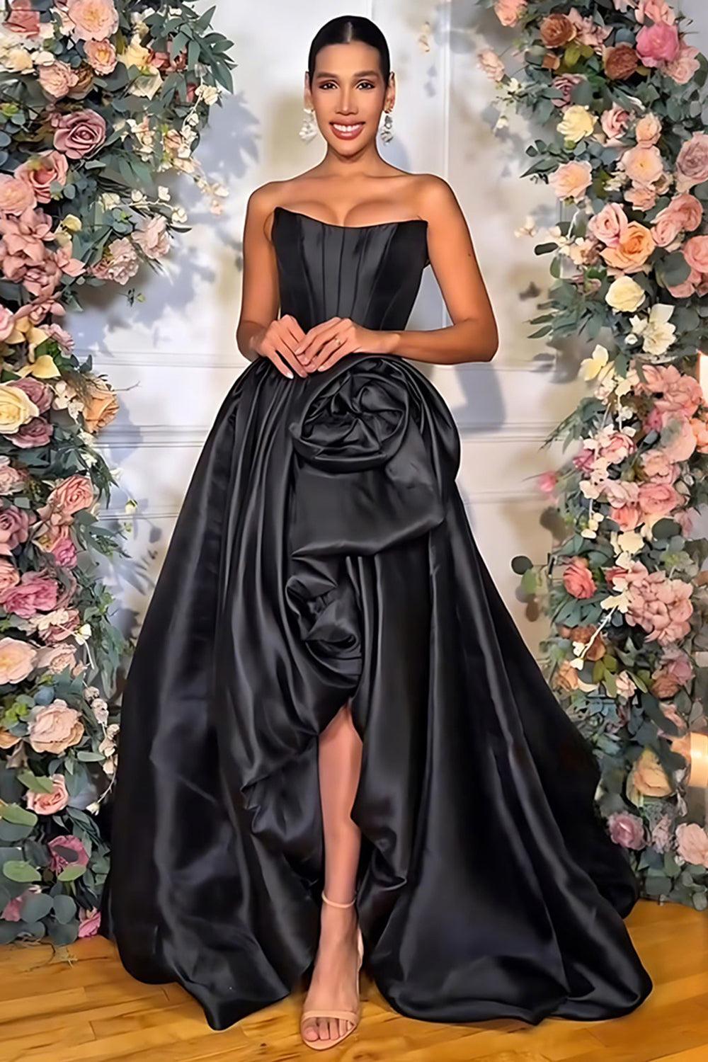 Pink A Line Prom Dress Satin Strapless Long Corset Formal Dress With 3D Flower