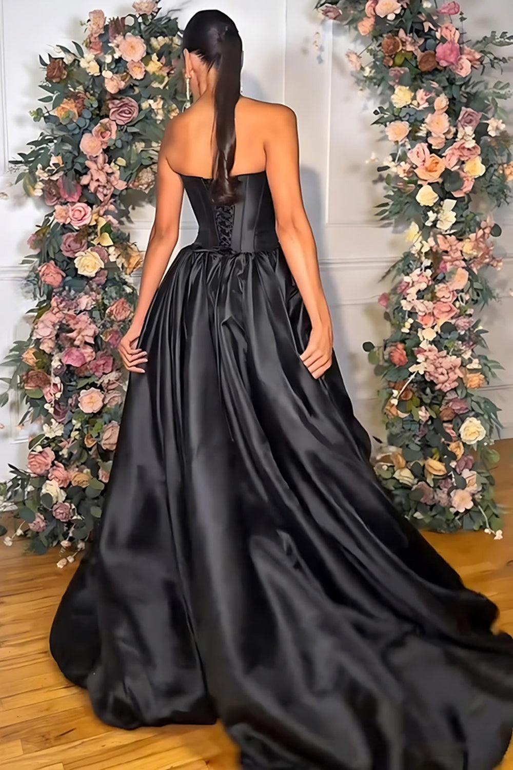 Pink A Line Prom Dress Satin Strapless Long Corset Formal Dress With 3D Flower