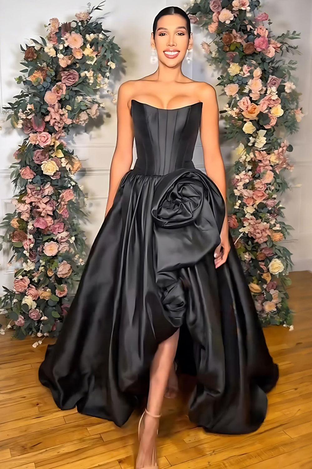 Pink A Line Prom Dress Satin Strapless Long Corset Formal Dress With 3D Flower