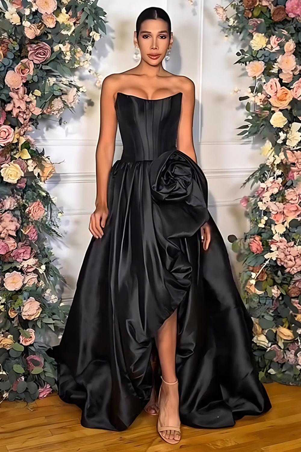 Pink A Line Prom Dress Satin Strapless Long Corset Formal Dress With 3D Flower